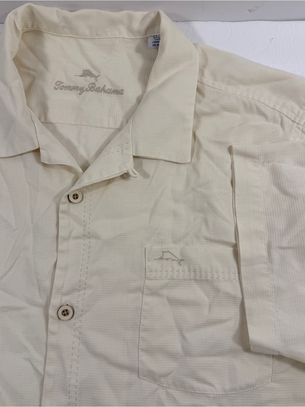 Tommy Bahama Silk Short-Sleeve Button Shirt Cream Men XL Island Zone Collar Loop